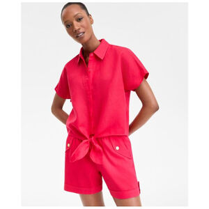 INC International Concepts Red Linen Blend Womens Size XL Tie Front Blouse Top